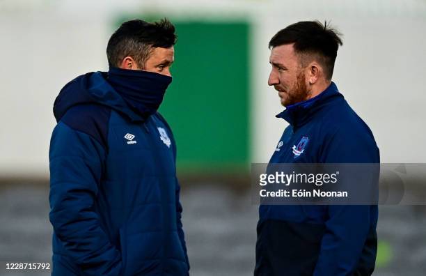 Bray , Ireland - 25 September 2020; Drogheda United Strenght and Conditioning coach Conor Tully, right, speaking to Drogheda United manager Tim...