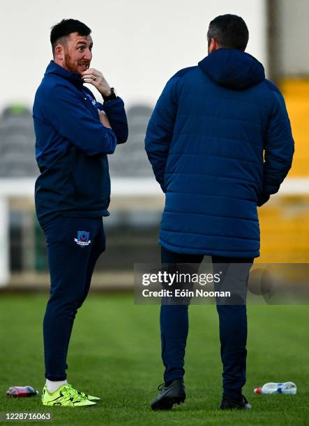 Bray , Ireland - 25 September 2020; Drogheda United Strenght and Conditioning coach Conor Tully speaking to Drogheda United manager Tim Clancy ahead...