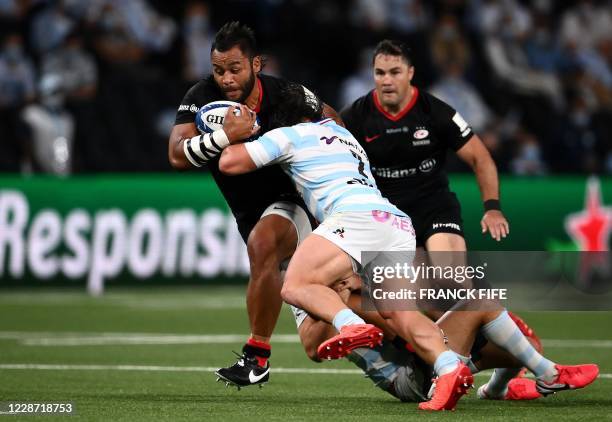 Racing's French hooker Camille Chat fights for the ball with Saracens' N°8 Billy Vunipola during the European Rugby Champions Cup semi-final rugby...