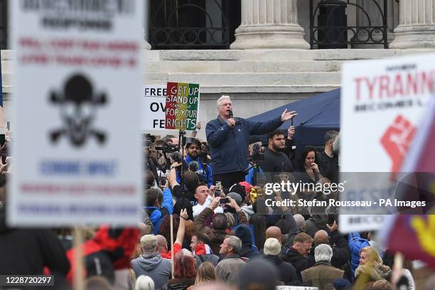 David Icke speaking at a 'We Do Not Consent' rally at Trafalgar Square in London, organised by Stop New Normal, to protest against coronavirus...