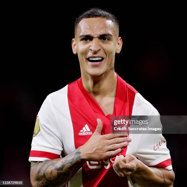 Antony of Ajax celebrates 2-1 during the Dutch Eredivisie match between Ajax v Vitesse at the Johan Cruijff Arena on September 26, 2020 in Amsterdam...