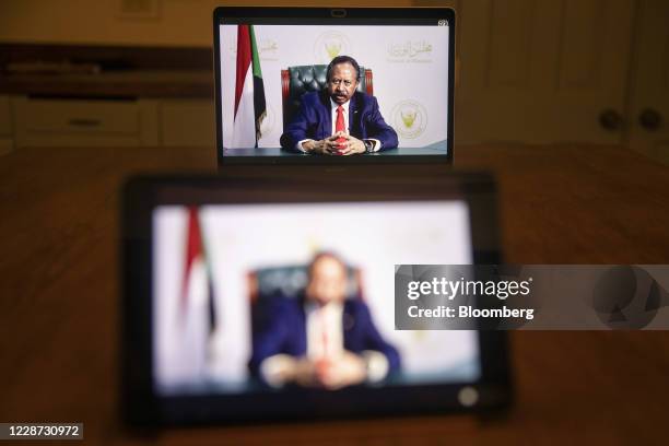 Abdalla Hamdok, Sudan's prime minister, speaks during the United Nations General Assembly seen on a laptop computer in Tiskilwa, Illinois, U.S., on...