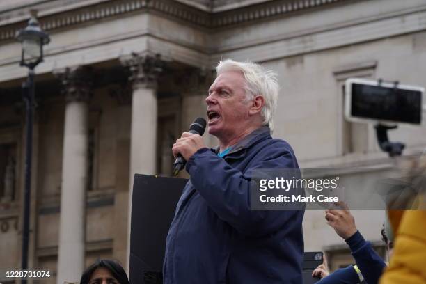 British conspiracy theorist, David Icke speaks during the anti-mask protest at Trafalgar Square on September 26, 2020 in London, England. Thousands...