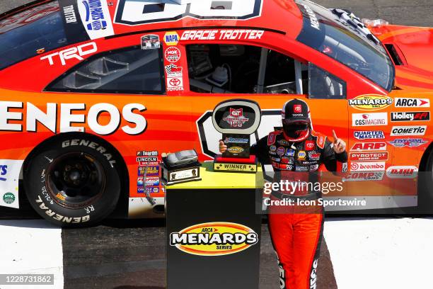 Gracie Trotter Toyota Camry poses for photos after winning the General Tires 150 ARCA Menards Series West race on Sept. 26, 2020 at The Bullring at...