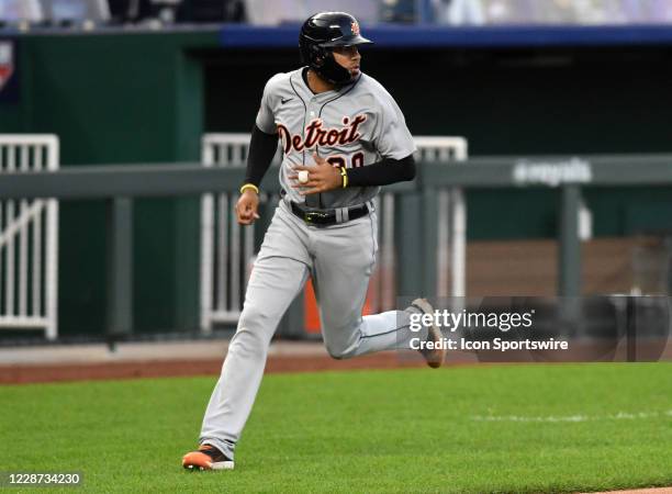 Detroit Tigers infielder Harold Castro scores on an RBI by Detroit Tigers infielder Niko Goodrum during a Major League Baseball game between the...