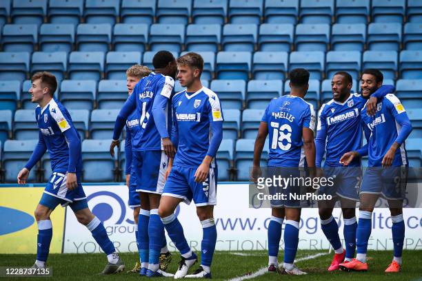 Dominic Samuel of Gillingham celebrates his goal during the Sky Bet League 1 match between Gillingham and Blackpool at the MEMS Priestfield Stadium,...