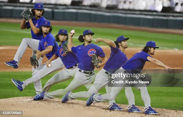 Composite photo shows Yu Darvish of the Chicago Cubs pitching during a game against the Chicago White Sox in Chicago on Sept. 25, 2020.