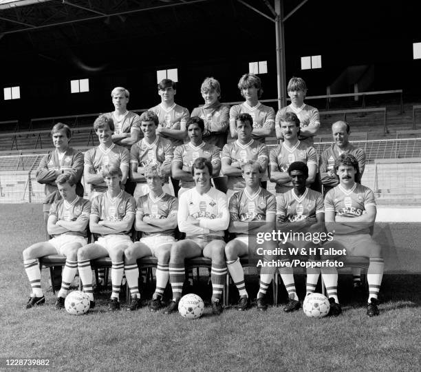 Oldham Athletic line up for a team photograph at Boundary Park in Oldham, England, circa August 1983. Back row : Jimmy Collins, Ian McMahon, Andy...