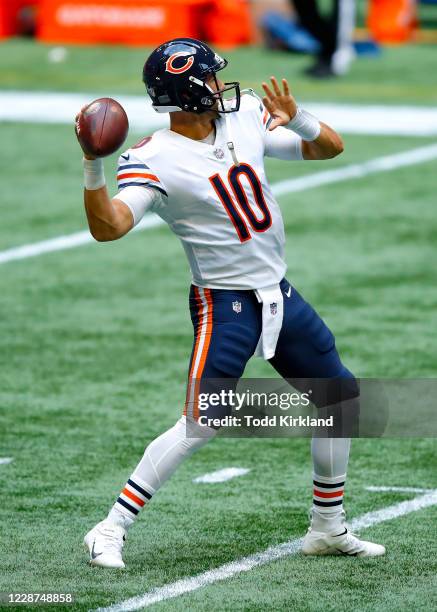 Mitchell Trubisky of the Chicago Bears warms up prior to an NFL game against the Atlanta Falcons at Mercedes-Benz Stadium on September 27, 2020 in...