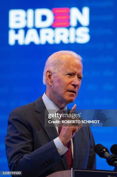 Democratic presidential nominee and former Vice President Joe Biden delivers a speech at a local theater in Wilmington, Delaware on September 27,...