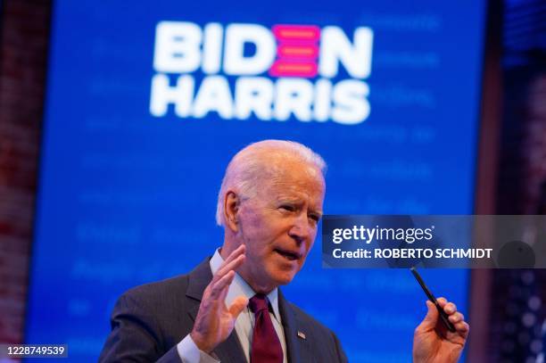 Democratic presidential nominee and former Vice President Joe Biden delivers a speech at a local theater in Wilmington, Delaware on September 27,...