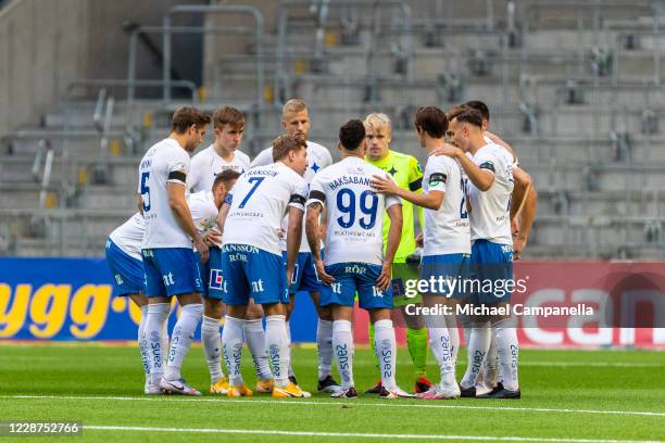 Players from IFK Norrkoping speaking during the Allsvenskan match between Djurgardens IF and IFK Norrkoping at Tele2 Arena on September 27, 2020 in...