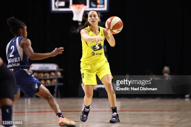 Sue Bird of the Seattle Storm passes the ball against the Minnesota Lynx in Game Three of the Semifinals of the 2020 WNBA Playoffs on September 27,...