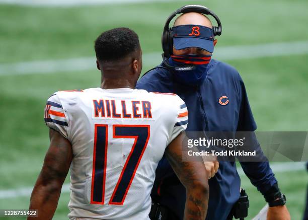 Anthony Miller of the Chicago Bears reacts with head coach Matt Nagy in the fourth quarter of an NFL game against the Atlanta Falcons at...
