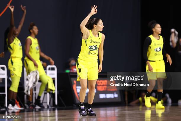 Sue Bird of the Seattle Storm reacts to three point basket against the Minnesota Lynx in Game Three of the Semifinals of the 2020 WNBA Playoffs on...