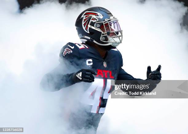 Deion Jones of the Atlanta Falcons is introduced prior to an NFL game against the Chicago Bears at Mercedes-Benz Stadium on September 27, 2020 in...