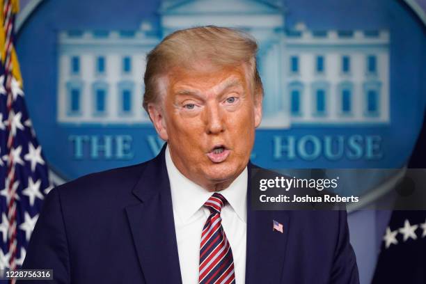 President Donald Trump speaks during a news conference in the Briefing Room of the White House on September 27, 2020 in Washington, DC. Trump is...