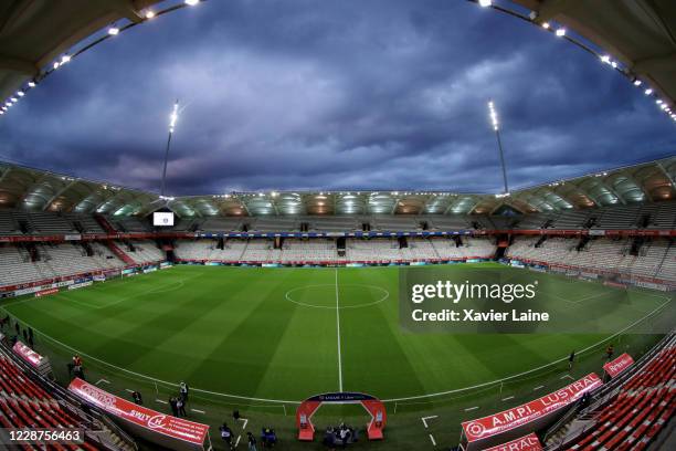 General view of the stadium before the Ligue 1 match between Stade Reims and Paris Saint-Germain at Stade Auguste Delaune on September 27, 2020 in...