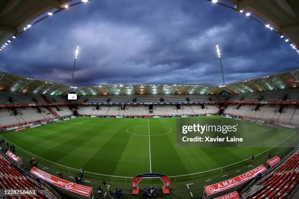 General view of the stadium before the Ligue 1 match between Stade Reims and Paris Saint-Germain at Stade Auguste Delaune on September 27, 2020 in...