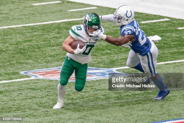 Xavier Rhodes of the Indianapolis Colts makes the tackle on Braxton Berrios of the New York Jets during the first half at Lucas Oil Stadium on...