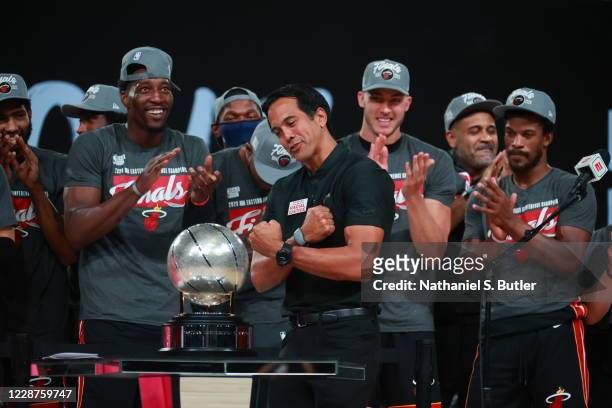Erik Spoelstra of the Miami Heat celebrates after winning Game Six of the Eastern Conference Finals of the NBA Playoffs on September 26, 2020 at The...