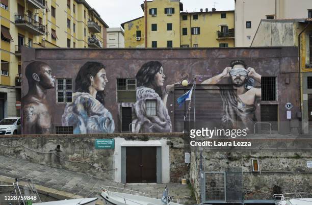 General view of the mural 'Fiori di Glicine' by Italian street artist Ligama on September 27, 2020 in Livorno, Italy. The mural celebrates the 'Leggi...