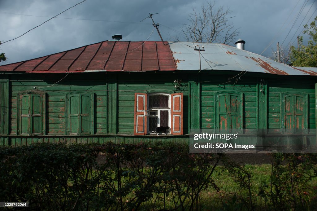 A view of an Old wooden house on Kronshtadskaya street...