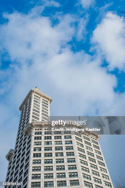 View of the Smith Tower is a Seattle icon and a skyscraper built in 1914 in the Pioneer Square neighborhood of Seattle, Washington State, USA.