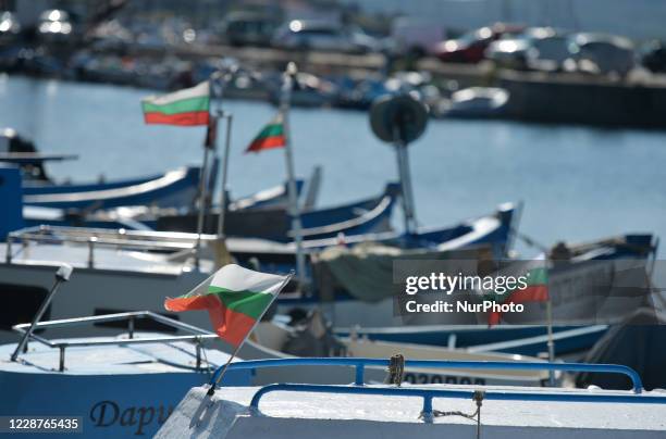 Fishing boats seen in Sozopol harbor. On Sunday, September 27 in Sozopol, Burgas Province, Poland.