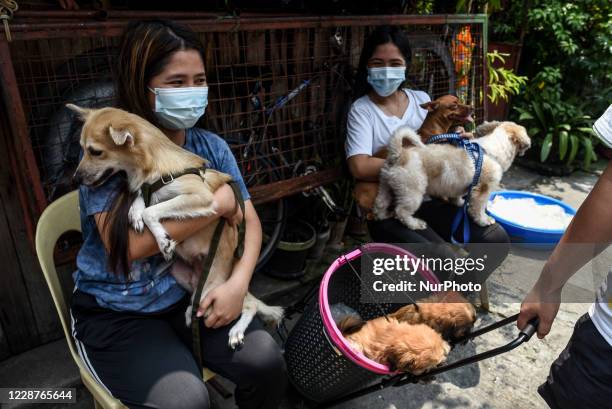 People carrying their pets queue to avail of free rabies vaccine and deworming in celebration of World Rabies Day on September 28, 2020 in Manila,...