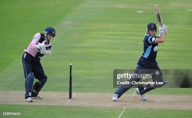 Lou Vincent of Sussex in action as wicket keeper John Simpson of Middlesex watches during the Clydesdale Bank 40 match between Middlesex and Sussex...