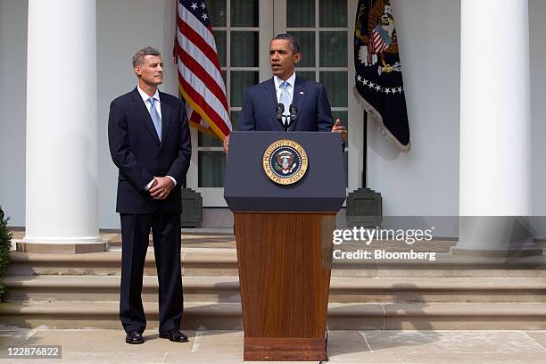 President Barack Obama, right, announces Alan Krueger as a nominee to lead the White House Council of Economic Advisers in the Rose Garden of the...