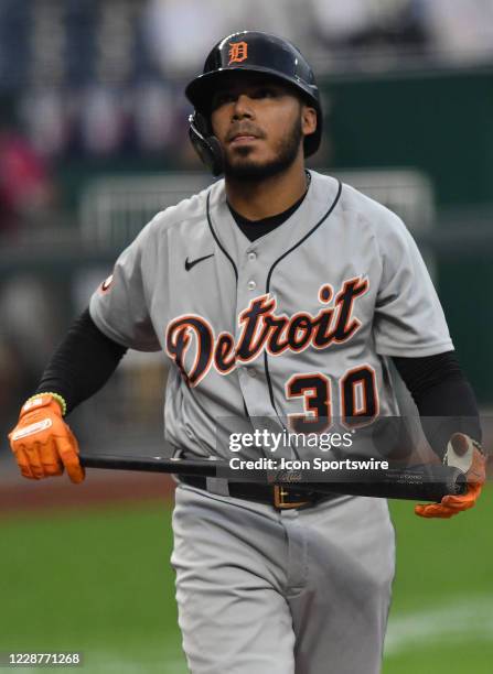 Detroit Tigers infielder Harold Castro reacts to a called strike during a Major League Baseball game between the Detroit Tigers and the Kansas City...