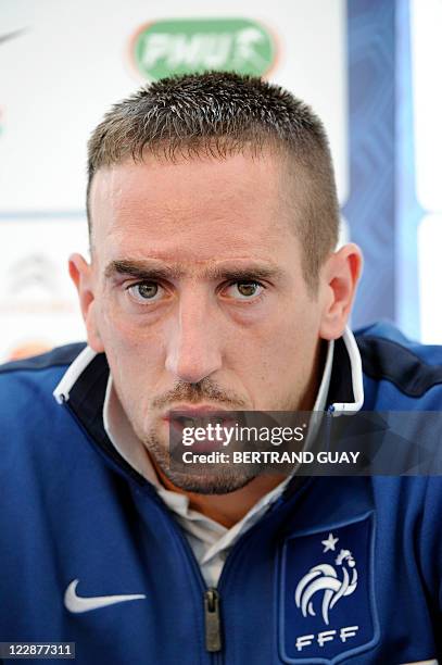 French football national team's midfielder Franck Ribery gives a press conference before a training session on August 29, 2010 in Clairefontaine,...