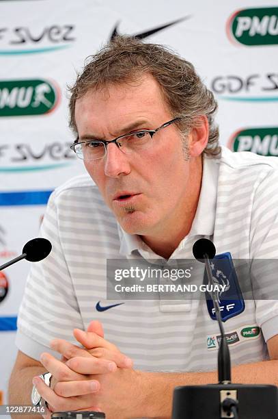 French football national team head coach Laurent Blanc gives a press conference before a training session on August 29, 2010 in Clairefontaine,...