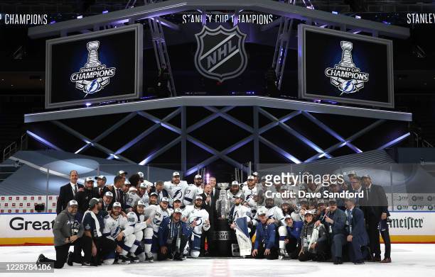 Commissioner Gary Bettman speaks before presenting the Stanley Cup to captain Steven Stamkos of the Tampa Bay Lightning after Game Six of the NHL...