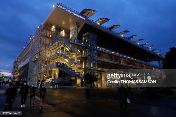 General view of the illuminated Philippe Chatrier tennis court at night on Day 3 of The Roland Garros 2020 French Open tennis tournament in Paris on...
