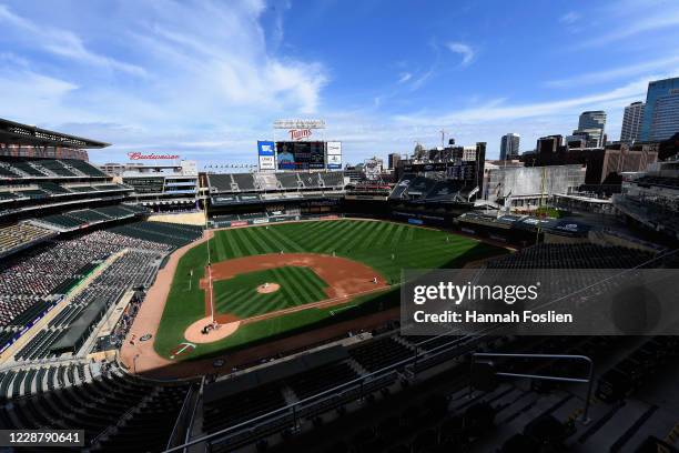 General view of Target Field as Kenta Maeda of the Minnesota Twins delivers a pitch to Kyle Tucker of the Houston Astros during the first inning of...