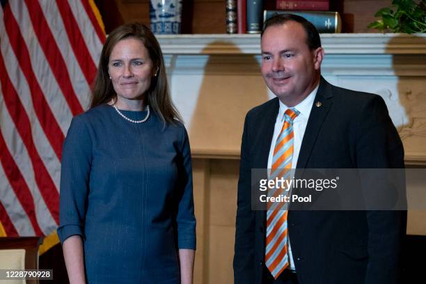 Seventh U.S. Circuit Court Judge Amy Coney Barrett , President Donald Trump's nominee for the U.S. Supreme Court, meets with Sen. Mike Lee as she...