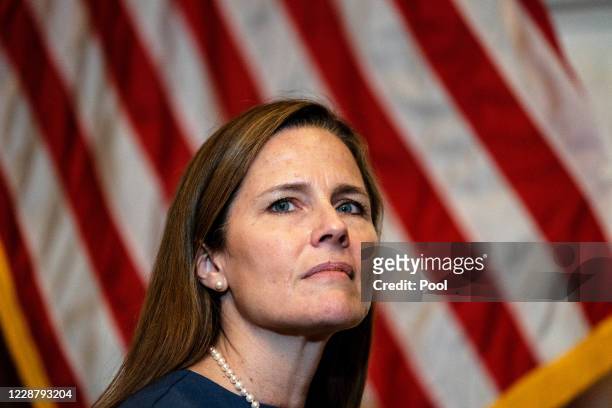 Seventh U.S. Circuit Court Judge Amy Coney Barrett meets with Senate Judiciary Committee Chairman Lindsey Graham at The US Capitol on September 29,...