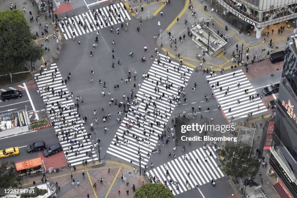 Pedestrians cross an intersection, seen from the Shibuya Sky observation deck of the Shibuya Scramble Square building in Tokyo, Japan, on Tuesday,...