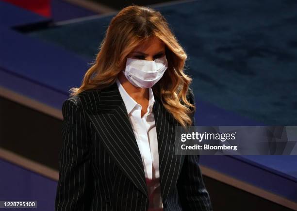 First Lady Melania Trump wears a protective mask during the first U.S. Presidential debate hosted by Case Western Reserve University and the...