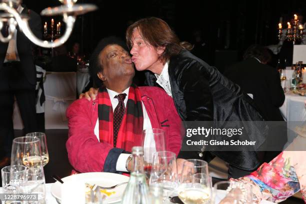 Singer Roberto Blanco and Juergen Drews during the 75th birthday party of Ralph Siegel "Masquerade" at Festspielhaus Neuschwanstein on September 29,...