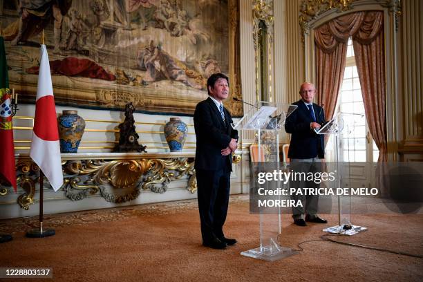 Japanese Foreign Affairs Minister Toshimitsu Motegi holds a joint press conference with his Portuguese counterpart Augusto Santos Silva at the...