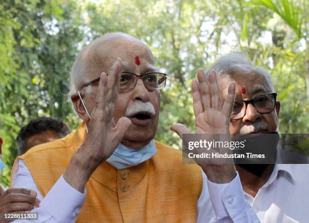 Leader LK Advani interacts with the media after the Special CBI Court’s verdict on Babri Masjid demolition case, at his residence on September 30,...