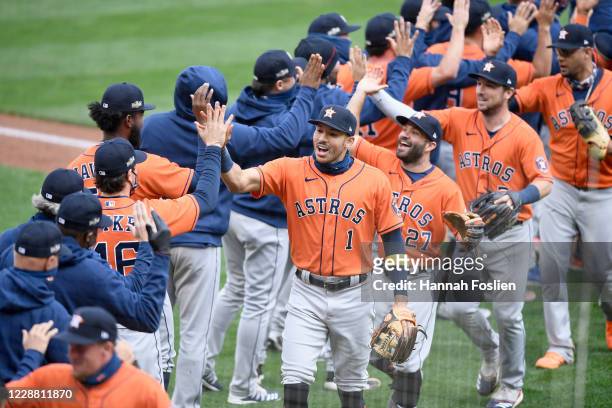 The Houston Astros celebrates defeating the Minnesota Twins in Game Two in the American League Wild Card Round at Target Field on September 30, 2020...