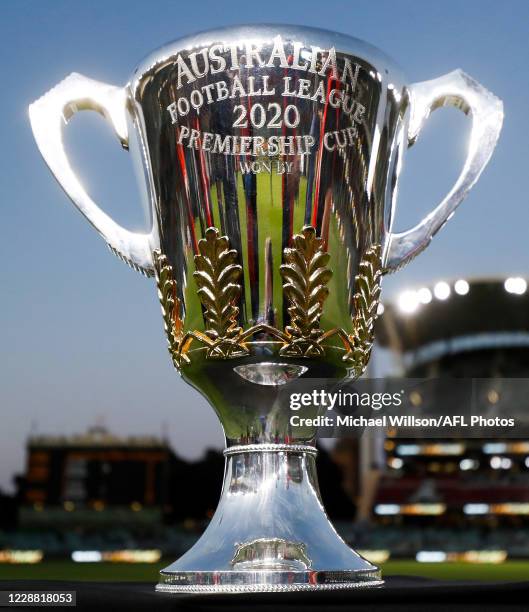 The Premiership Cup is seen during the 2020 AFL First Qualifying Final match between the Port Adelaide Power and the Geelong Cats at Adelaide Oval on...