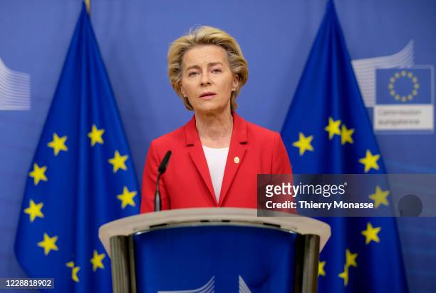 Cmmission President Ursula von der Leyen talks to the media in the Berlaymont, the EU Commission headquarter on Pctber 1 in Brussels, Belgium. The...
