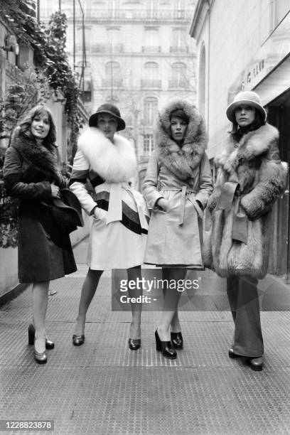 Actresses and singers Marion Game, Geneviève Grad, Danny and Zouzou present fur creations of Georges Del Costa, on April 11, 1973 in Paris.