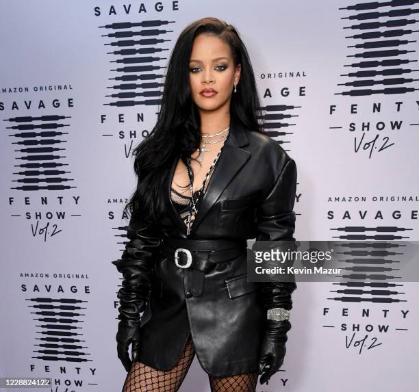 In this image released on October 1, Rihanna attends the second press day for Rihanna's Savage X Fenty Show Vol. 2 presented by Amazon Prime Video at...